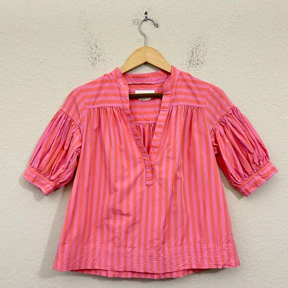 ANTHROPOLOGIE Darcey Top Pink Striped Popover Swing Puff Sleeve Blouse - Picture 1 of 9